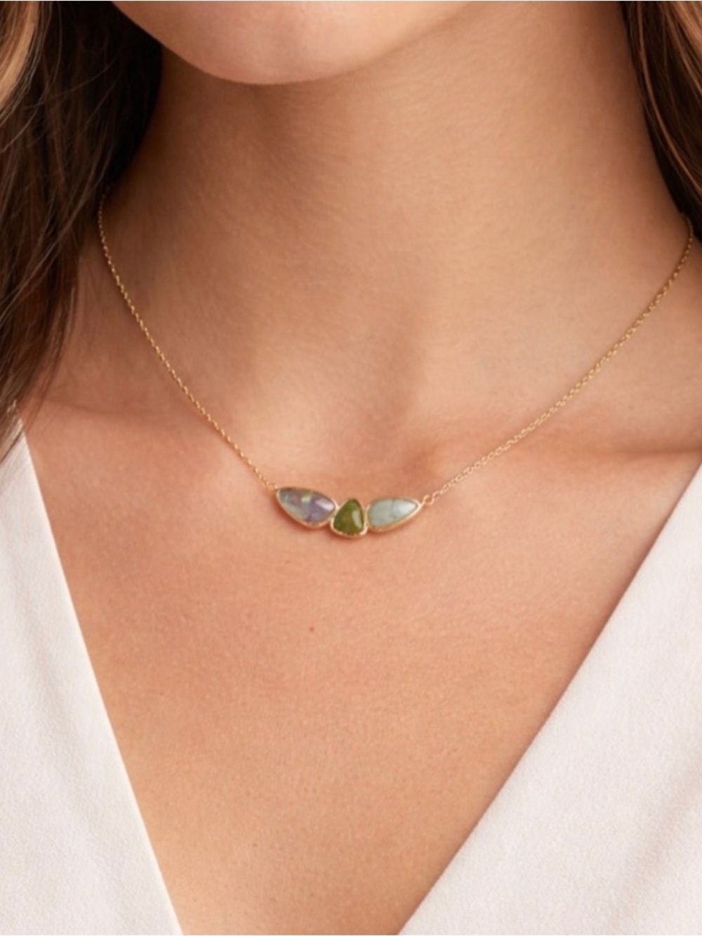 Kendra Scott Gold Necklace with Green and Iridescent Stones